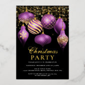 エレガントなパープルゴールドオーナメント クリスマスパーティー 箔招待状 (正面)