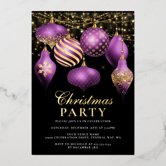 エレガントなパープルゴールドオーナメント クリスマスパーティー 箔招待状 (正面)