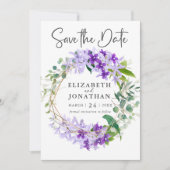エレガントなパープルゴールドグリーンの花の冠 ウェディング セーブザデート (正面)