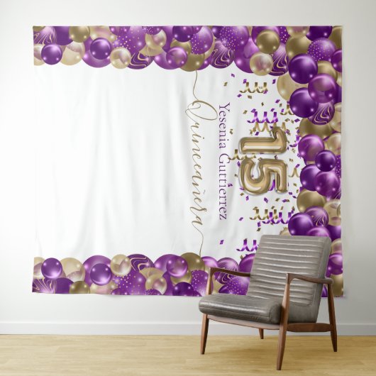 エレガントなパープルゴールドバルーンアーチのキンセアニエラ タペストリー (インサイチュ(横))