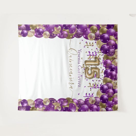 エレガントなパープルゴールドバルーンアーチのキンセアニエラ タペストリー (正面(横))