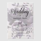 エレガントなパープルフラワーのカリグラフィー結婚式 ベラム紙招待状 (正面)