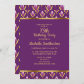 エレガントなパープルフラワーゴールド 75歳の誕生日パーティー 招待状 (正面/裏面)