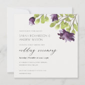エレガントなパープルブルーの水彩花イラストのウェディング 招待状 (正面)