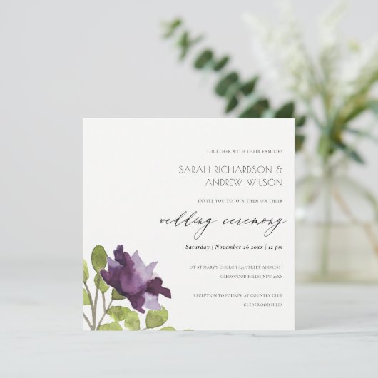 エレガントなパープルブルーの水彩花イラストのウェディング 招待状 (スタンド正面)