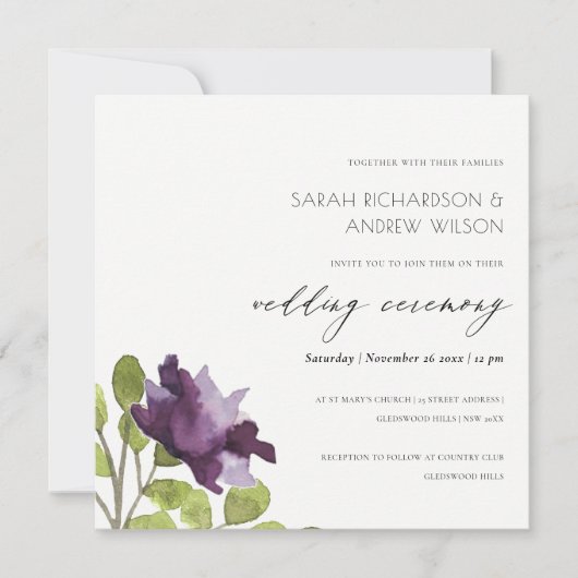 エレガントなパープルブルーの水彩花イラストのウェディング 招待状 (正面)