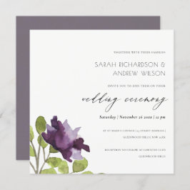 エレガントなパープルブルーの水彩花イラストのウェディング 招待状