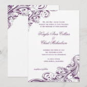 エレガントなパープルホワイトオーナメントフローリッシュウェディング 招待状 (正面/裏面)