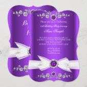 エレガントなパープルホワイトパールジュエルボー 誕生日 招待状 (正面/裏面)