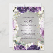 エレガントなパープルホワイトフラワーグリッター40歳の誕生日 招待状 (正面)