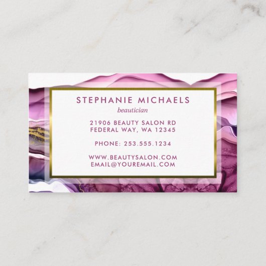 エレガントなパープル液体インク ゴールド ヘア＆メイク 名刺 (裏面)