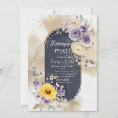 エレガントなパープル イエロー ゴールド フローラル ウォーターカラー 退職 招待状 (正面)