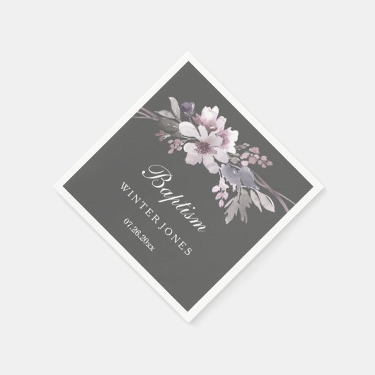 エレガントなパープル ウィンター グレー フラワー 洗礼 スタンダードカクテルナプキン (角)