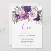 エレガントなパープル ウォーターカラー フラワー 1歳の誕生日 招待状 (正面)