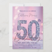 エレガントなパープル＆シルバーのグリッター 50歳の誕生日 招待状 (正面)