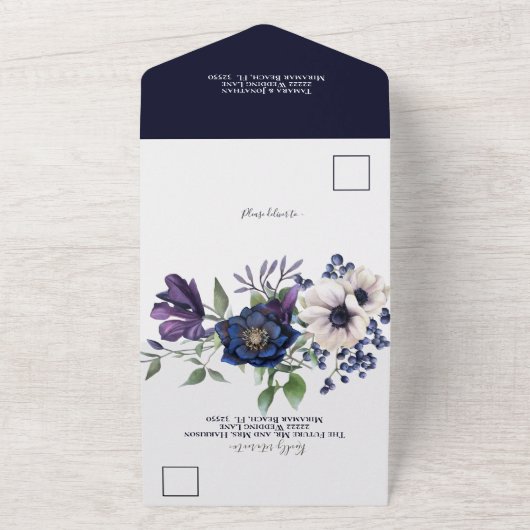 エレガントなパープル ネイビーブルー フラワー ウェディング オールインワン オールインワン招待状 (外側)