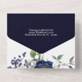 エレガントなパープル ネイビーブルー フラワー ウェディング オールインワン オールインワン招待状 (裏面)
