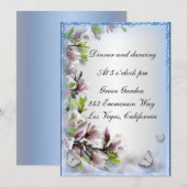 エレガントなパープル フラワーとバタフライのレセプションカード 招待状 (正面/裏面)