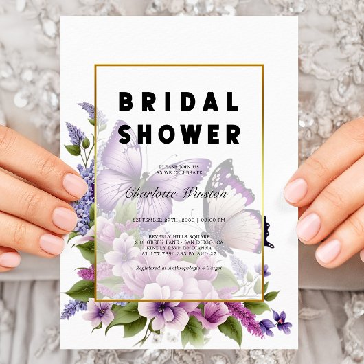 エレガントなパープル フローラル バタフライ ブライダル シャワー 招待状
