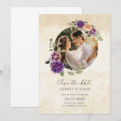 エレガントなパープル＆ブラウンのラスティック フラワー ウェディング 招待状 (正面/裏面)