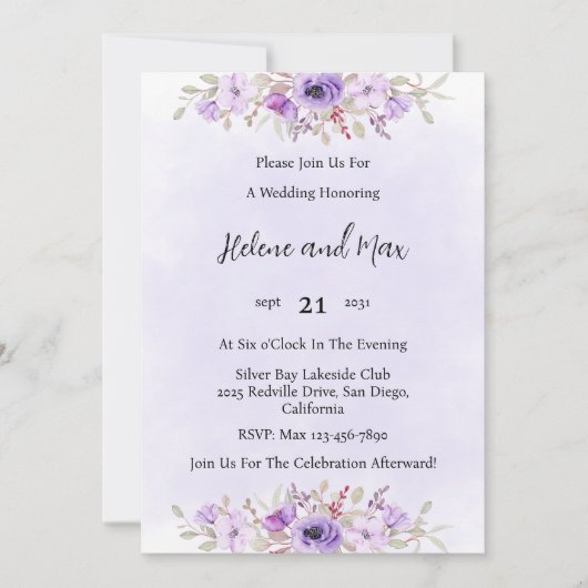 エレガントなパープル ミニマル フラワー ウェディング 招待状 (正面)