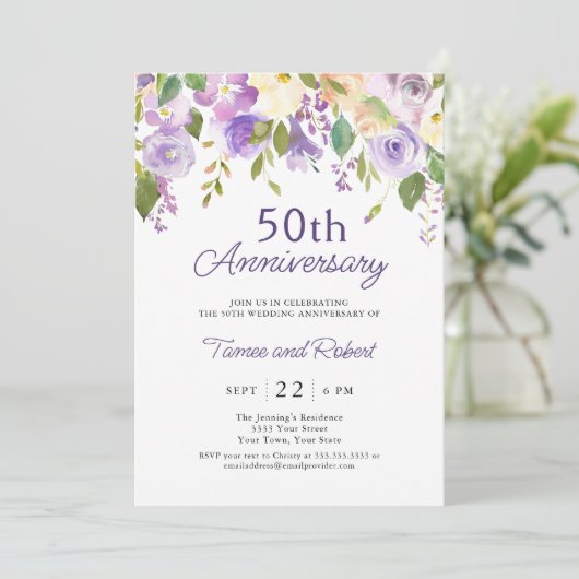 エレガントなパープル 50周年 結婚式招待状 招待状 (スタンド正面)