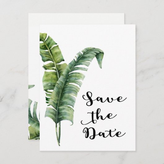 エレガントなパームリーフのトロピカル セーブ・ザ・デート 案内ポストカード (正面/裏面)