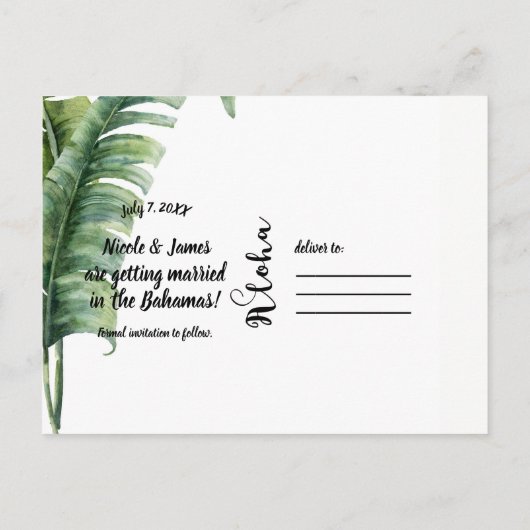 エレガントなパームリーフのトロピカル セーブ・ザ・デート 案内ポストカード (裏面)