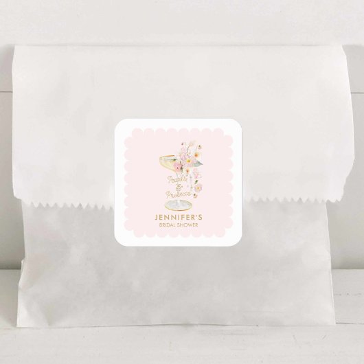 エレガントなパールとプロセッコのブライダルシャワーステッカー スクエアシール