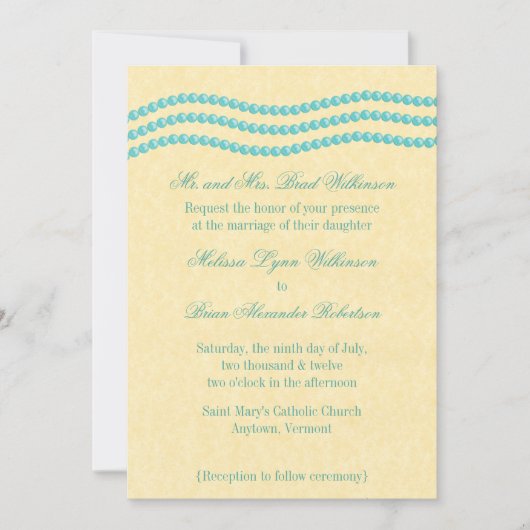 エレガントなパールの結婚式招待状、ターコイズ 招待状 (正面)