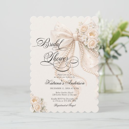 エレガントなパールボーの花のブライダルシャワー 招待状 (スタンド正面)
