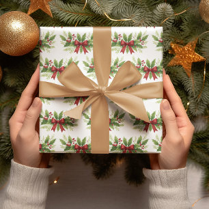 エレガントなヒイラギと赤いリボンのクリスマス -  ラッピングペーパー