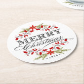 エレガントなヒイラギのクリスマスのヴィンテージのタイポグラフィ ラウンドペーパーコースター (アングル)