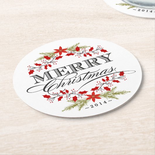 エレガントなヒイラギのクリスマスのヴィンテージのタイポグラフィ ラウンドペーパーコースター (アングル)
