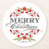 エレガントなヒイラギのクリスマスのヴィンテージのタイポグラフィ ラウンドペーパーコースター (正面)