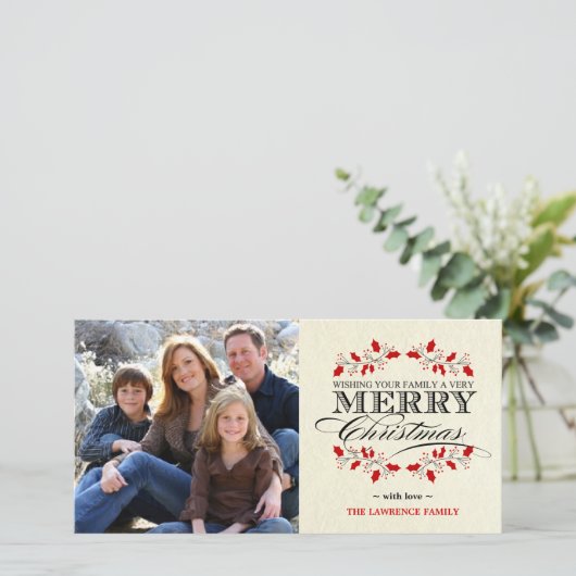 エレガントなヒイラギのメリークリスマスのタイポグラフィ シーズンカード (スタンド正面)