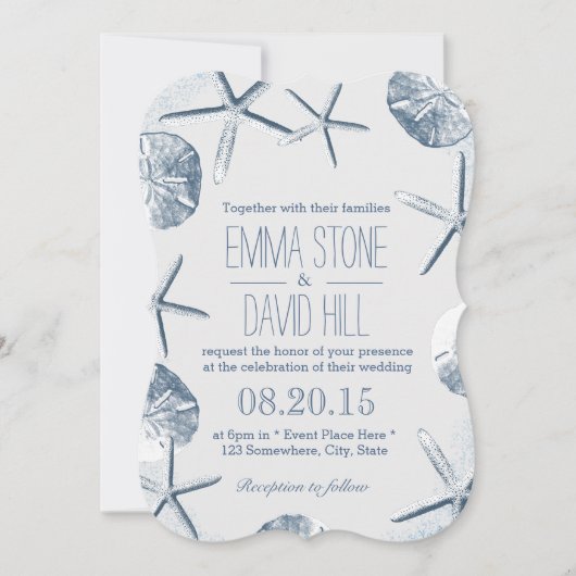 エレガントなヒトデとサンドダラー ビーチウェディング 招待状 (正面)