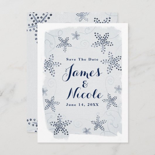 エレガントなヒトデとスパンコールのビーチ セーブ・ザ・デート 案内ポストカード (正面/裏面)