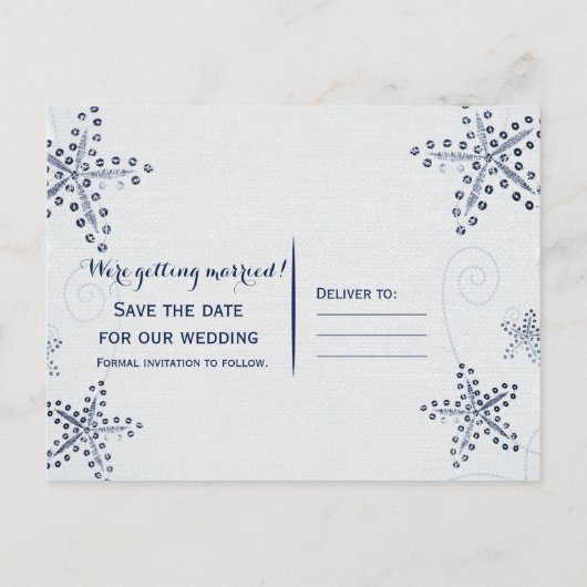 エレガントなヒトデとスパンコールのビーチ セーブ・ザ・デート 案内ポストカード (裏面)