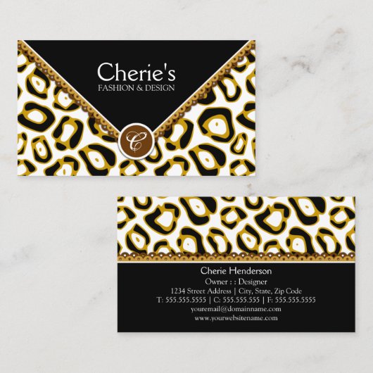 エレガントなヒョウのプリントおよびレースのモノグラム 名刺 (正面/裏面)