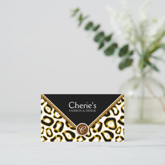 エレガントなヒョウのプリントおよびレースのモノグラム 名刺 (スタンド正面)