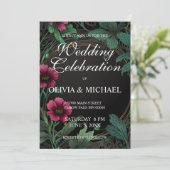 エレガントなビクトリアン調のムーディーなダークピンクの花のウェディング 招待状 (スタンド正面)