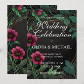 エレガントなビクトリアン調のムーディーなダークピンクの花のウェディング 招待状 (正面/裏面)