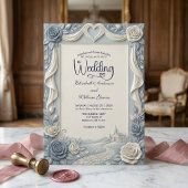 エレガントなビクトリアン ダスティーブルー 偽のエンボス加工のバラ 招待状