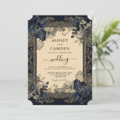 エレガントなビクトリアン ダークブルー ゴールドの結婚式 招待状 (スタンド正面)