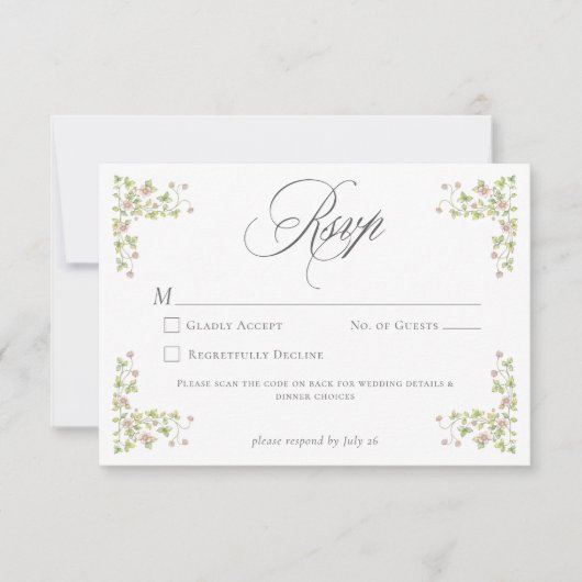 エレガントなビクトリアン パステル フラワー ボウ ウェディング QR 出欠カード (正面)