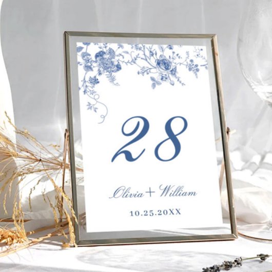 エレガントなビクトリアン ブルー フレンチ フローラル ウェディング テーブルナンバー