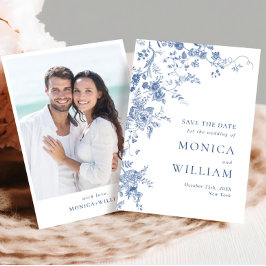 エレガントなビクトリアン ブルー フレンチ フローラル ウェディング フォト セーブザデート