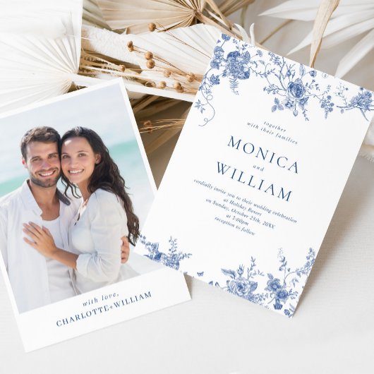エレガントなビクトリアン ブルー フレンチ フローラル ウェディング 招待状