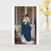 エレガントなビクトリア時代の女性が図書館で読書する カード (黄色い花)